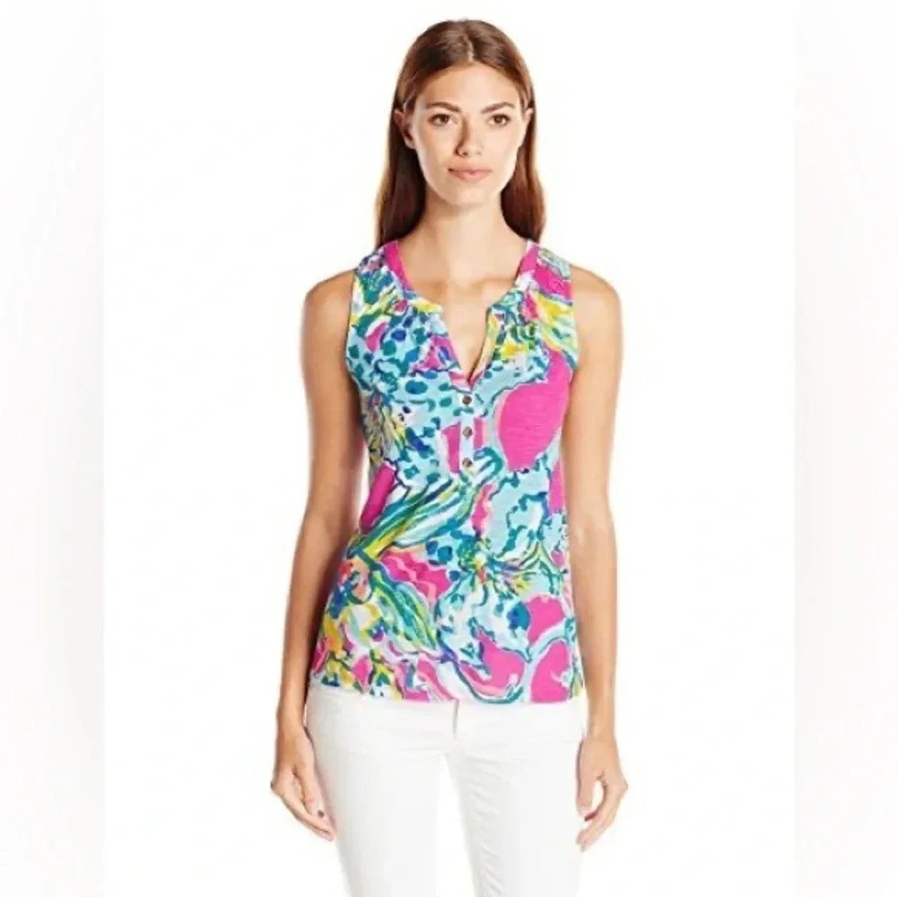 Lilly Pulitzer Essie Cotton Gold Button Tank Top